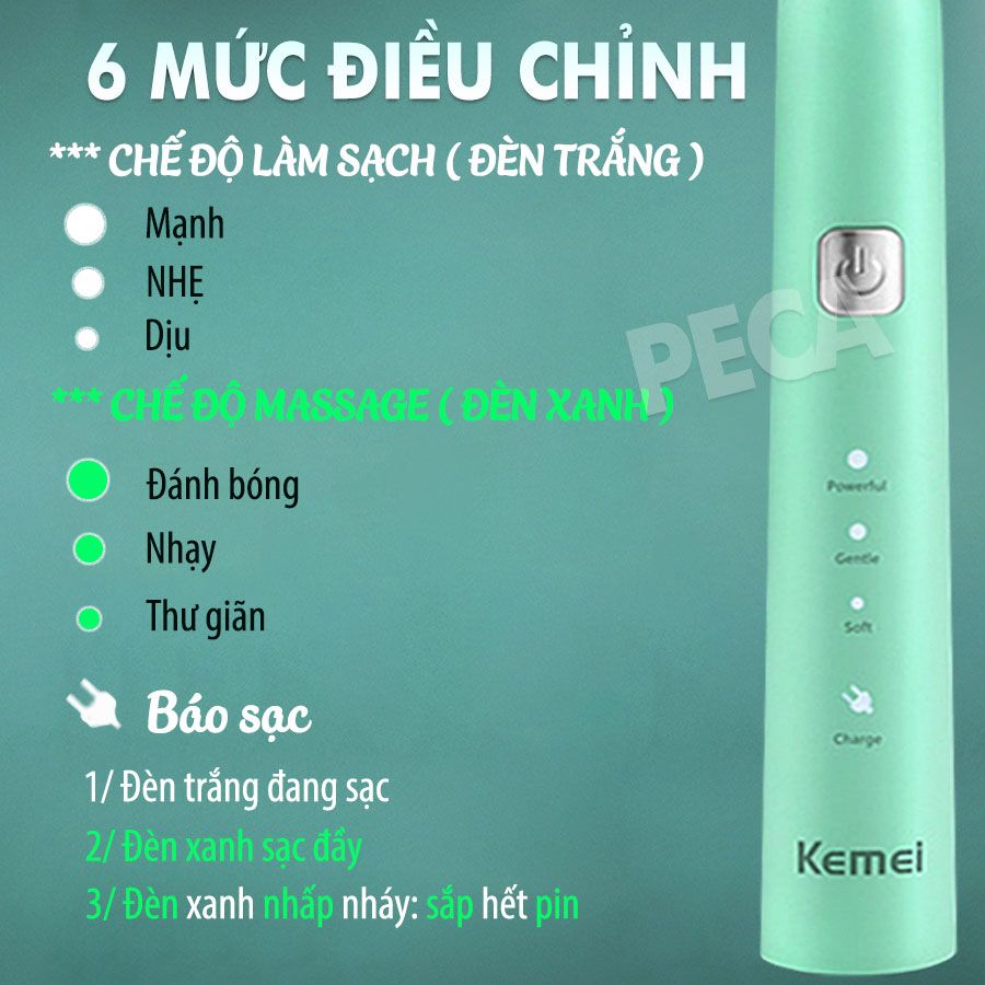 Bàn chải đánh răng điện Kemei KM-YS713 công nghệ rung siêu âm Tặng kèm 5 đầu bàn chải thay thế