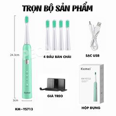 Bàn chải đánh răng điện Kemei KM-YS713 công nghệ rung siêu âm Tặng kèm 5 đầu bàn chải thay thế