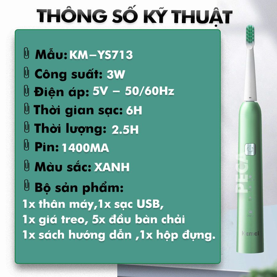 Bàn chải đánh răng điện Kemei KM-YS713 công nghệ rung siêu âm Tặng kèm 5 đầu bàn chải thay thế