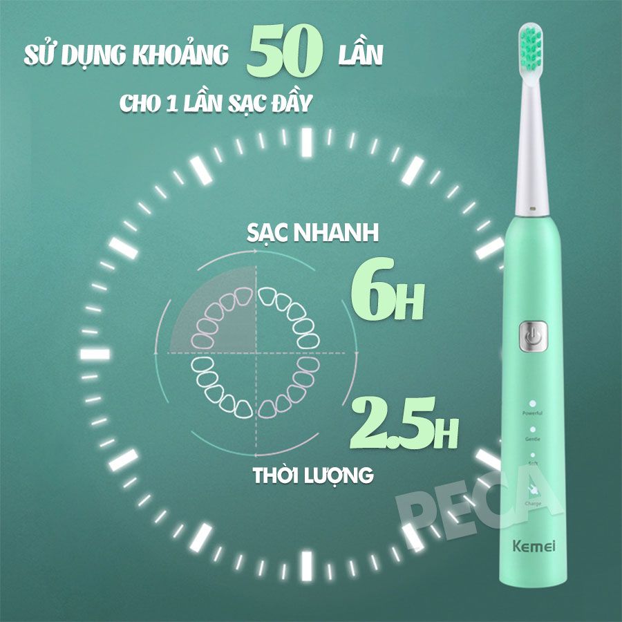 Bàn chải đánh răng điện Kemei KM-YS713 công nghệ rung siêu âm Tặng kèm 5 đầu bàn chải thay thế