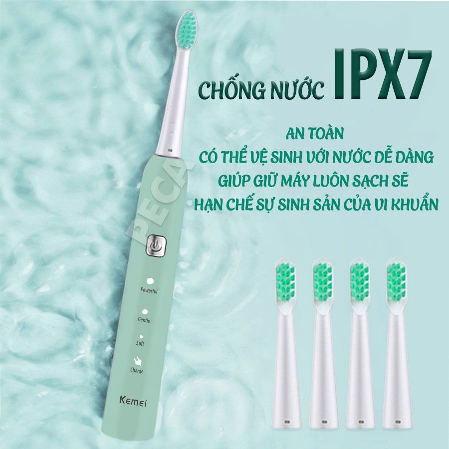 Bàn chải đánh răng điện Kemei KM-YS713 công nghệ rung siêu âm Tặng kèm 5 đầu bàn chải thay thế