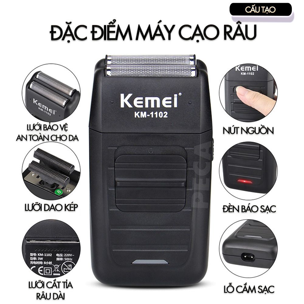 Máy cạo râu khô Kemei KM-1102 chuyên nghiệp với công suất mạnh mẽ có thể cạo trắng chân tóc, fade 2 lưỡi kéo cao cấp