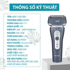 Máy cạo râu Kemei KM-111 lưỡi kép nổi cạo sạch nhanh, sạc USB tiện lợi, chống thấm nước IPX5 cạo khô và ướt đều được - Hàng chính hãng