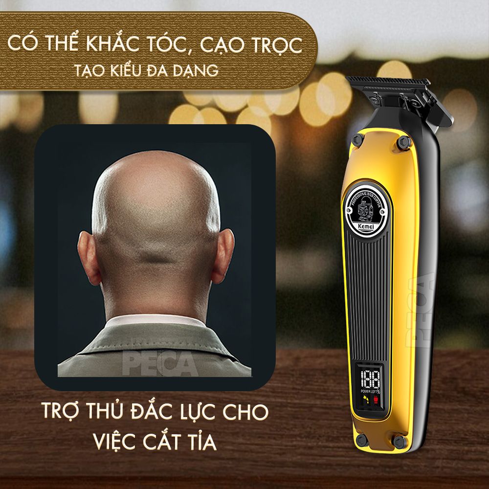 Tông đơ chấn viền Kemei KM-1855 lưỡi cắt mạ carbon DLC cao cấp có động cơ không chổi than tăng hiệu suất màn hình LCD hiển thị công suất 8W hàng chính hãng