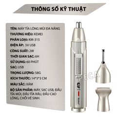 Máy tỉa lông mũi đa năng Kemei KM-315 gồm 3 đầu thay chuyên dụng tỉa lông mũi, tỉa râu, lông dùng pin sạc USB tiện lợi - phân phối chính hãng