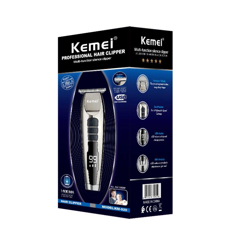 Tông đơ chấn viền Kemei KM-929 điều chỉnh 3 mức tốc độ cắt, có màn hình LED, dùng sạc USB