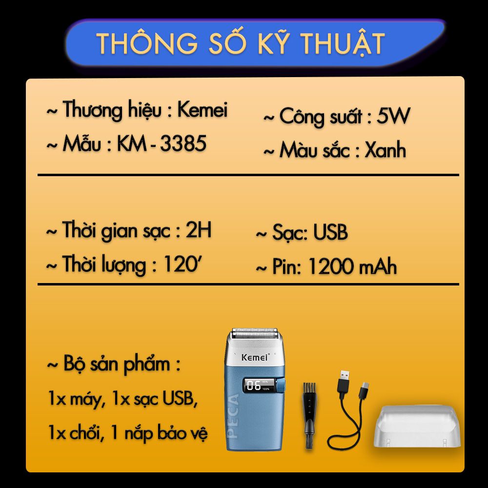 Máy cạo râu khô Kemei KM-3385 màn hình LCD thông minh, lưỡi kép nổi cạo sạch nhanh, sạc USB tiện lợi - Hàng chính hãng