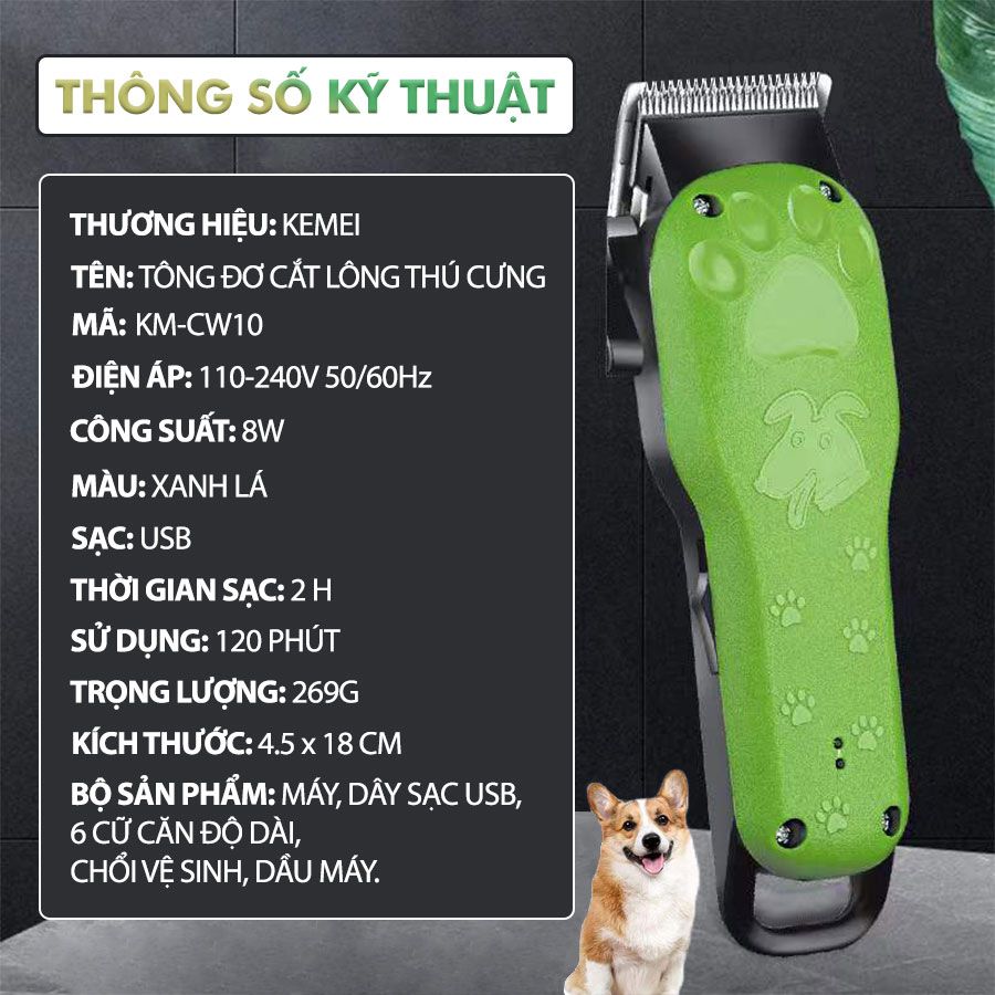 Tông đơ cắt lông thú cưng Kemei KM-CW10 không dây chuyên nghiệp công suất mạnh 8W sạc nhanh USB tiện lợi - Hàng chính hãng