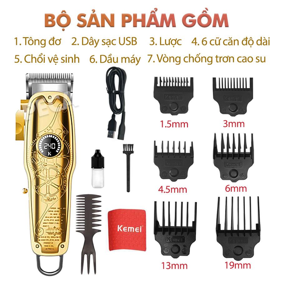 Tông đơ cắt tóc chuyên nghiệp Kemei KM-1969PG sạc nhanh USB công suất mạnh có thể cạo đầu, fade tóc - Hàng chính hãng