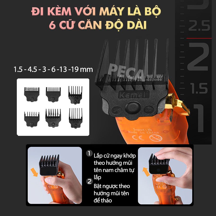 Tông đơ cắt tóc chuyên nghiệp Kemei KM-TM1970PG phiên bản trend cải tiến sạc nhanh USB công suất mạnh - Hàng chính hãng