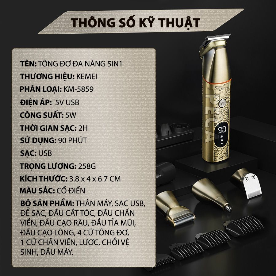 Tông đơ đa năng 5in1 KEMEI KM-5859 nhiều đầu thay thế chuyên dụng cắt tóc, chấn viền, cạo râu, cạo lông toàn thân, lông chân mày...- Hàng chính hãng