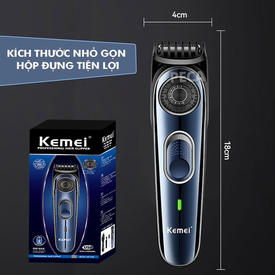 Tông đơ cắt tóc gia đình Kemei KM-1256 cữ căn độ dài tóc điều chỉnh 10 mức, sạc nhanh USB cắt tóc được cho trẻ em - Hàng chính hãng