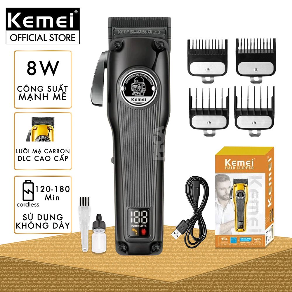 Tông đơ cắt tóc chuyên nghiệp Kemei KM-1825 lưỡi cắt mạ carbon DLC cao cấp có động cơ không chổi than màn hình LCD hiển thị công suất 8W