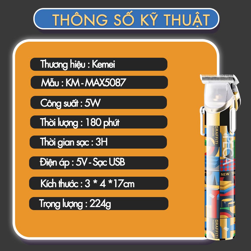 Tông đơ cắt tóc chuyên nghiệp KEMEI KM-MAX5087 thiết kế cá tính baber công suất mạnh 5W mạnh mẽ