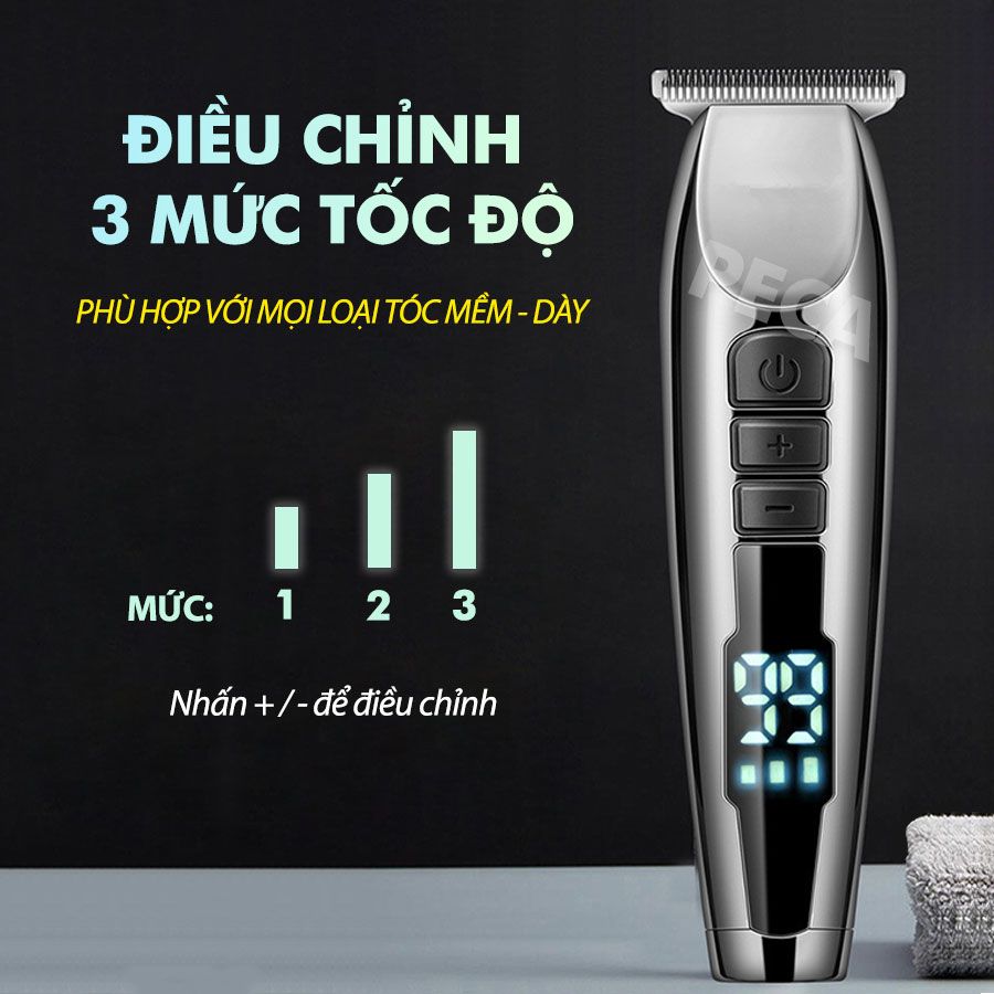 Tông đơ chấn viền Kemei KM-929 điều chỉnh 3 mức tốc độ cắt, có màn hình LED, dùng sạc USB