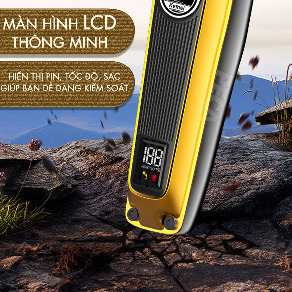 Tông đơ chấn viền Kemei KM-1855 lưỡi cắt mạ carbon DLC cao cấp có động cơ không chổi than tăng hiệu suất màn hình LCD hiển thị công suất 8W hàng chính hãng