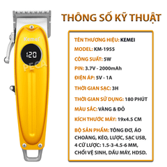 Tông đơ cắt tóc chuyên nghiệp Kemei KM-1955 sạc USB có màn hình LCD được tặng kèm áo choàng, lược và kéo cắt tóc