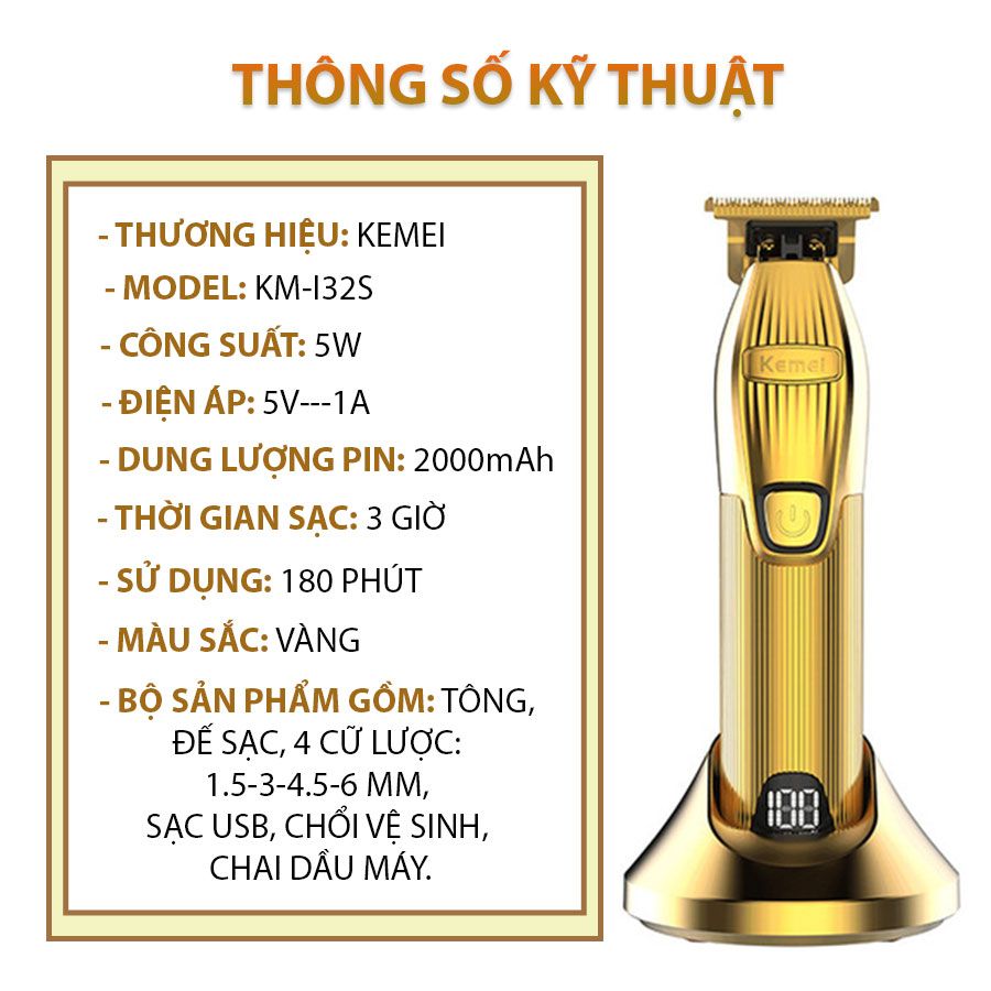 Tông đơ chấn viền không dây cao cấp Kemei KM-K32S lưỡi thép carbon sắc bén chịu lực, công suất mạnh có màn hình LCD hiển thị - Hàng chính hãng