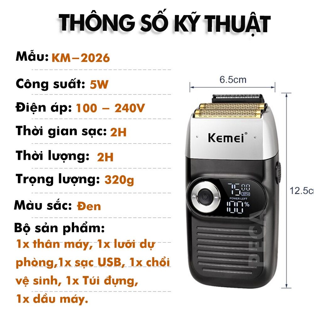 Máy cạo râu lưỡi kép 3 mức tốc độ Kemei KM-2026 màn hình LCD, công suất 5w mạnh mẽ, có thể fade trắng