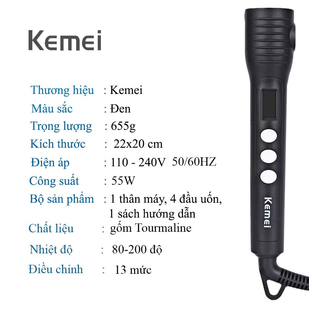 Máy uốn tóc chuyên nghiệp 4in1 KEMEI KM-4083 với 4 đầu uốn thay thế dùng để uốn xoăn, uốn lọn, uốn cụp