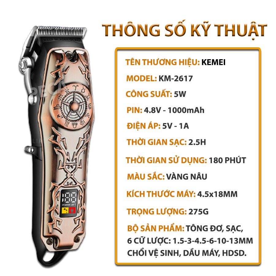 Tông đơ cắt tóc chuyên nghiệp KEMEI KM-2617 màn hình LED theo dõi pin công suất mạnh 5W vỏ thép hoa văn cá tính barber