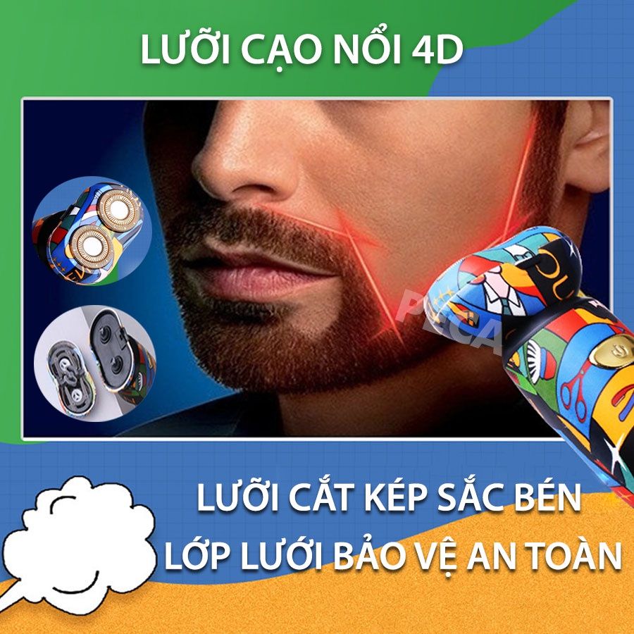 Máy cao râu lưỡi kép 4D KEMEI KM-RS503 vỏ bọc sang trọng màu sắc TREND GRAFFITI phiên bản mini cá tính, dùng sạc USB