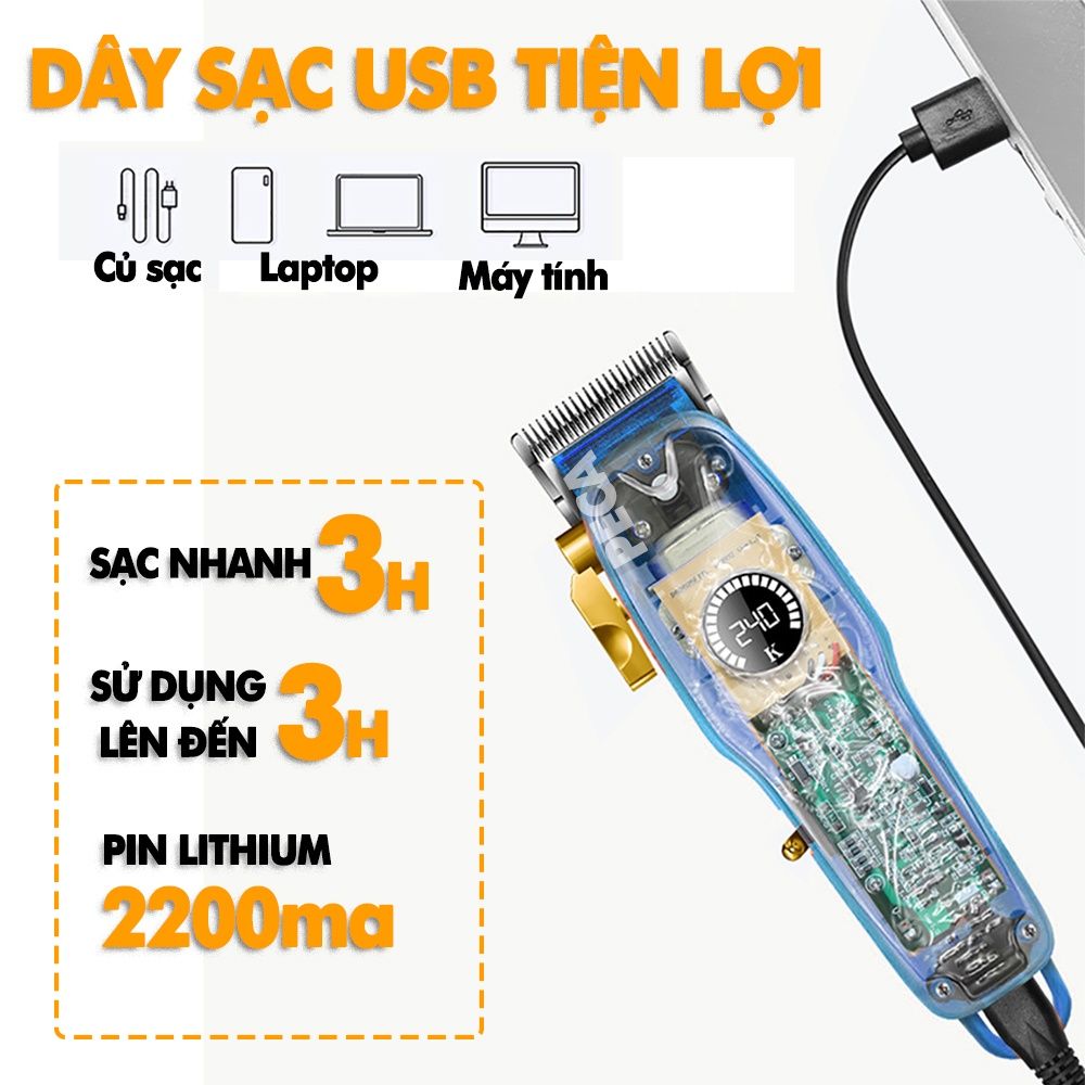 Tông đơ cắt tóc chuyên nghiệp KEMEI KM-2709PG màn hình LCD hiển thị thông minh pin trâu 3h sạc nhanh