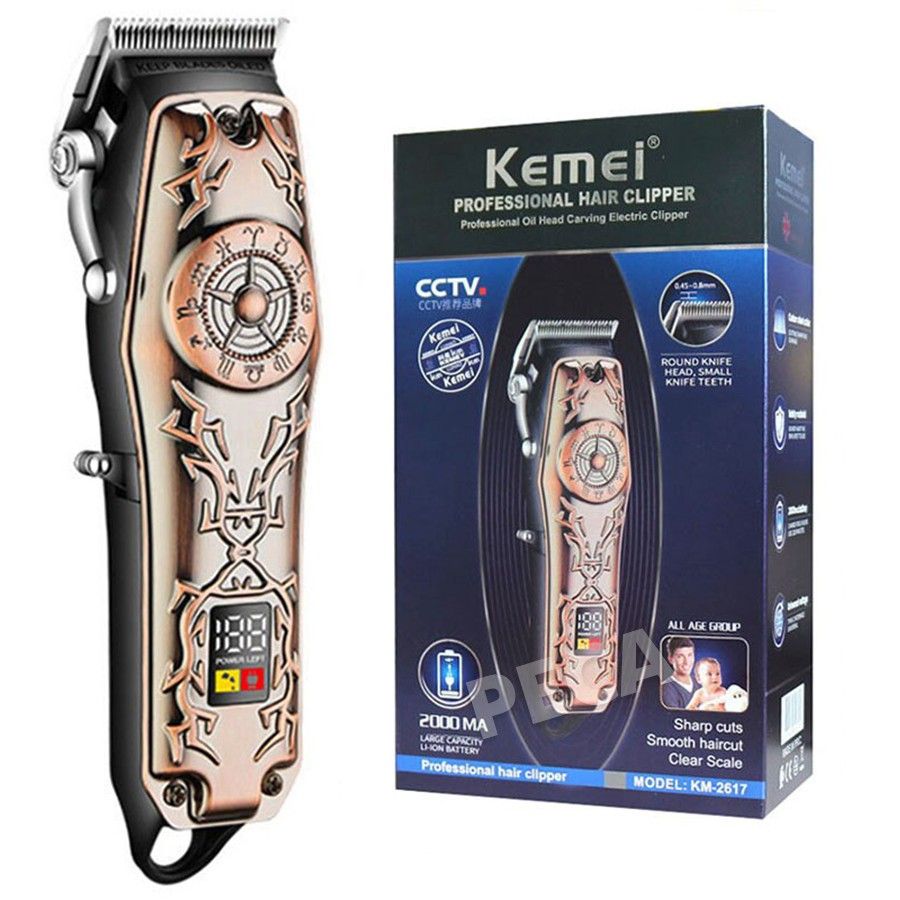 Tông đơ cắt tóc chuyên nghiệp KEMEI KM-2617 màn hình LED theo dõi pin công suất mạnh 5W vỏ thép hoa văn cá tính barber