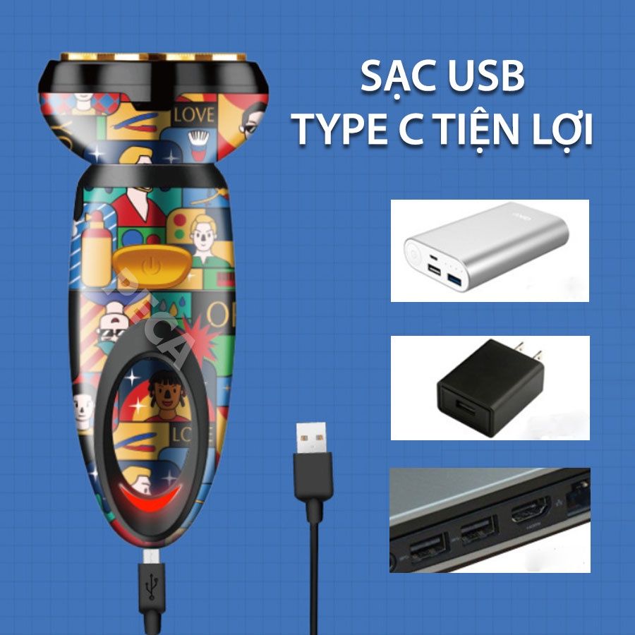 Máy cao râu lưỡi kép 4D KEMEI KM-RS503 vỏ bọc sang trọng màu sắc TREND GRAFFITI phiên bản mini cá tính, dùng sạc USB