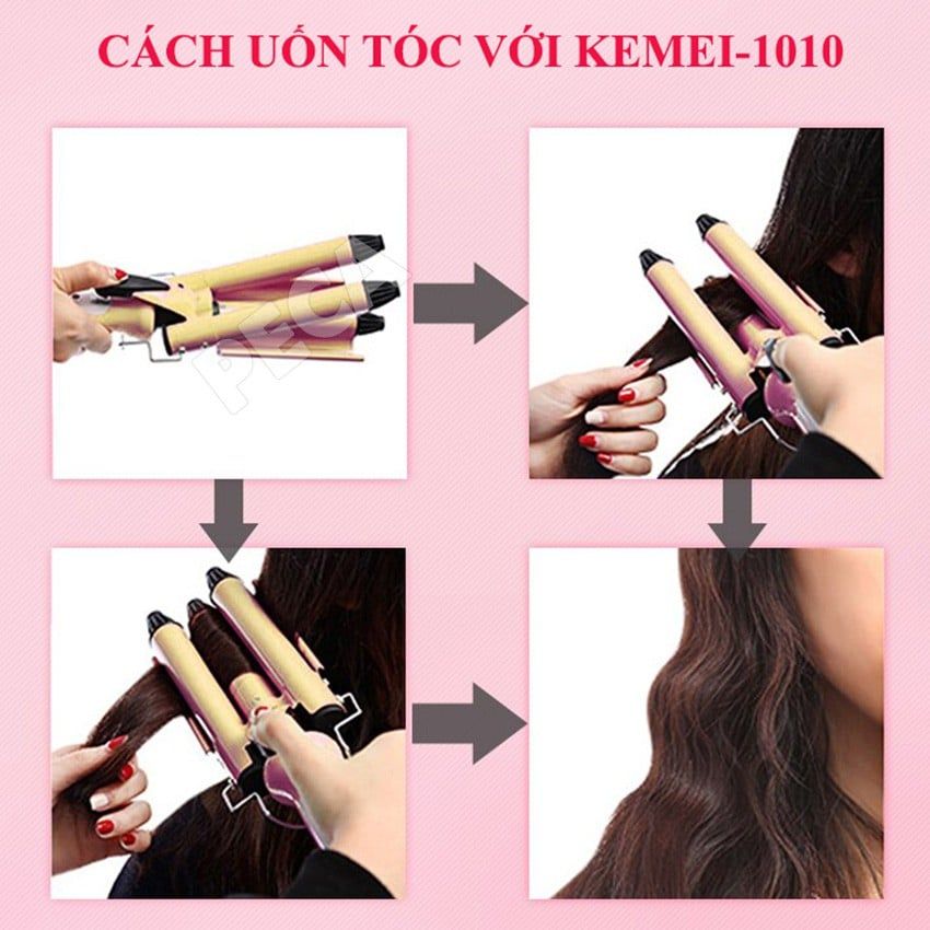 Máy uốn tóc chuyên nghiệp Kemei KM-1010 tiện lợi với 3 trục uốn dùng uốn xoăn, uốn lọn, gợn sóng