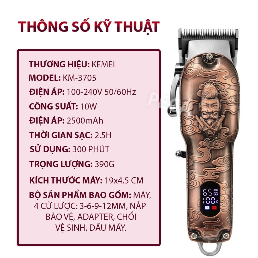 Tông đơ cắt tóc chuyên nghiệp KEMEI KM-3705 công suất mạnh 10W có màn hình LCD pin trâu dung lượng 2500mAh