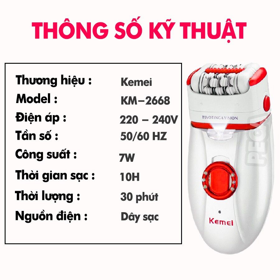 Máy tẩy lông đa năng 2in1 Kemei-2668 chuyên dùng cạo, nhổ tỉa lông toàn thân sử dụng pin sạc tiện lợi (Màu tím và đỏ)