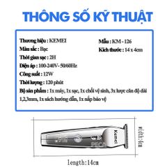 Tông đơ chấn viền không dây Kemei KM-126 màn hình LCD thông minh, 3 tốc độ cắt, có thể khắc tatoo, cạo trắng...Hàng chính hãng