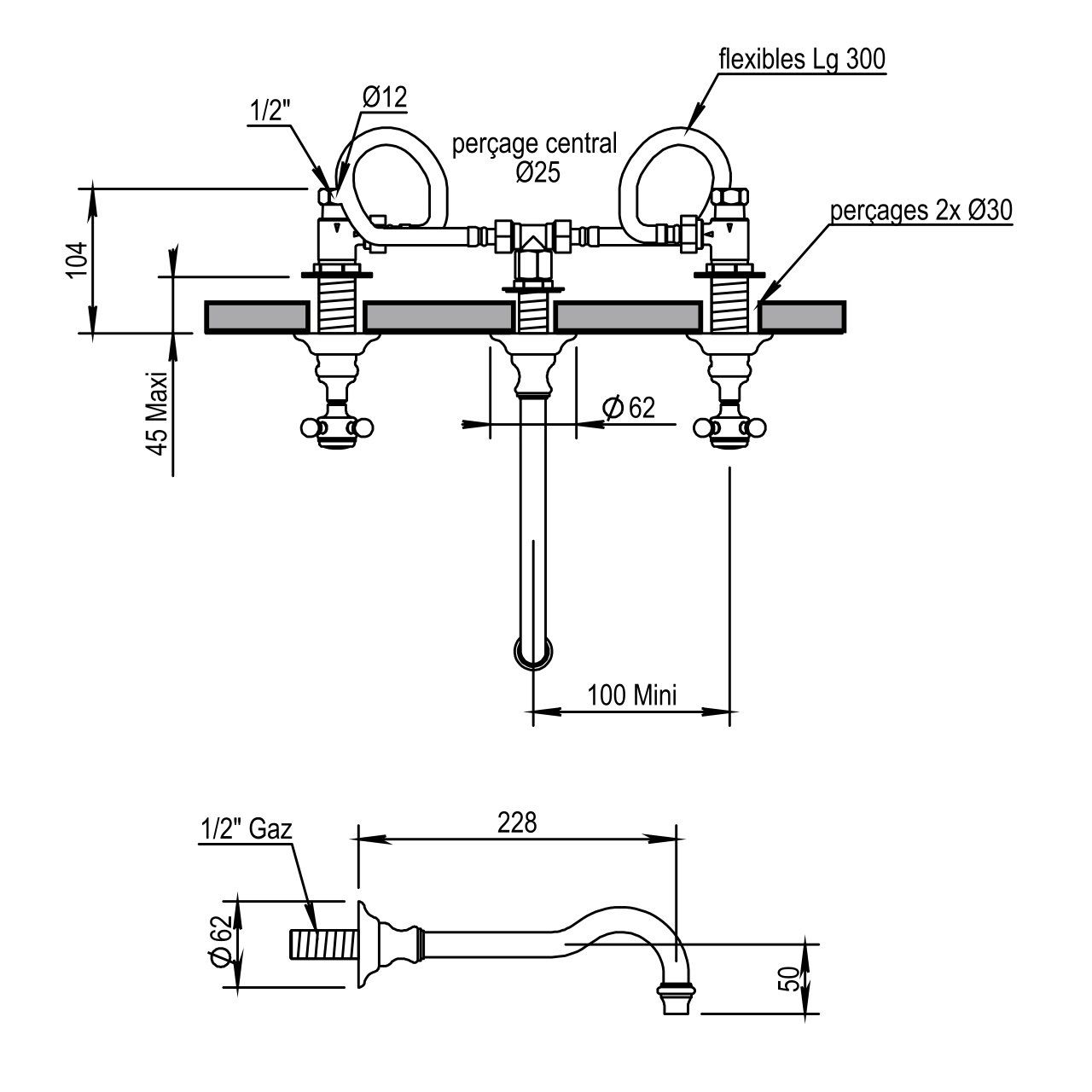  Vòi chậu rửa mặt gắn tường cổ điển bằng đồng Julia Victoria - 01273 