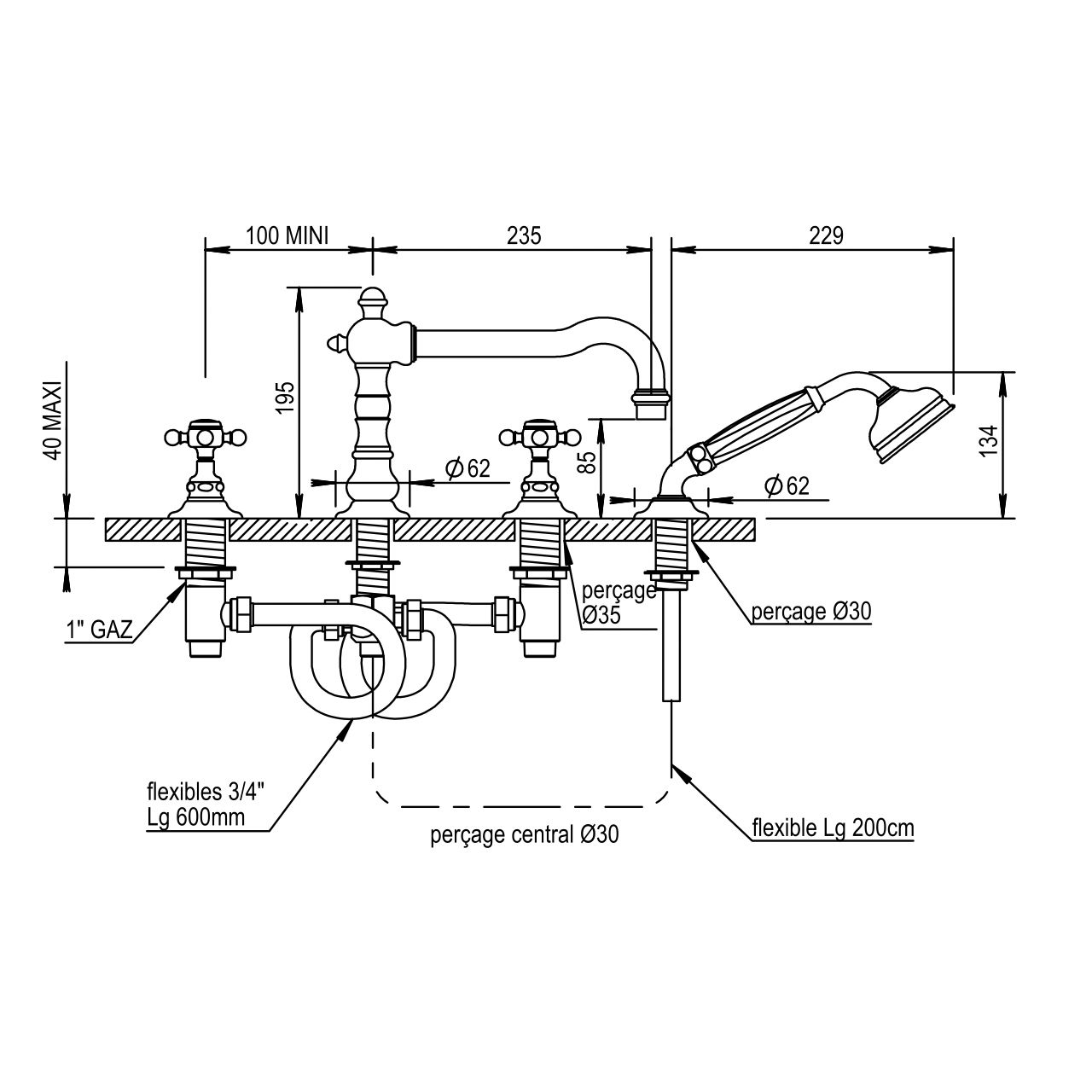 Vòi bồn tắm bốn lỗ cổ điển bằng đồng Julia Victoria - 01464