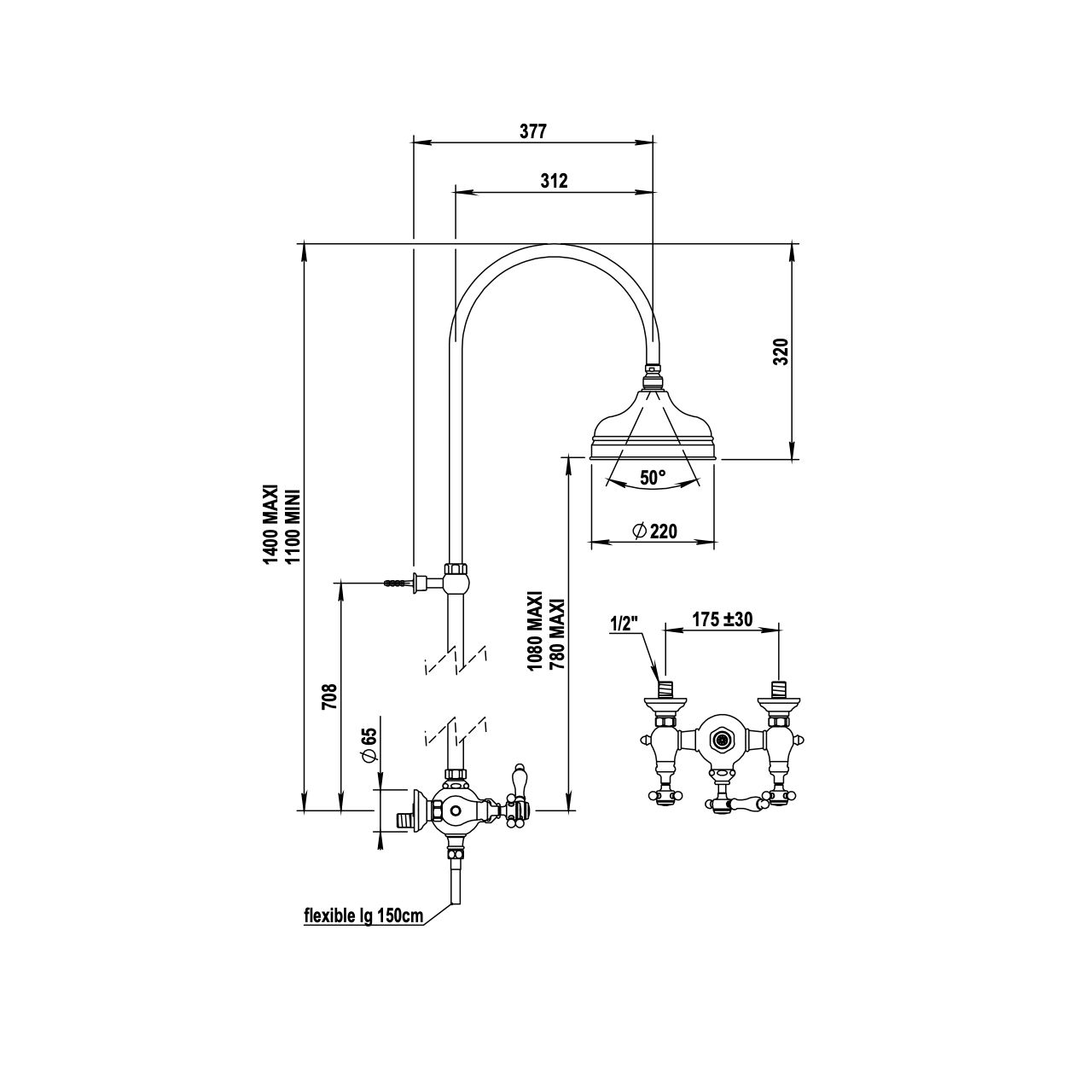  Vòi sen gắn tường, bát sen Ø220mm cổ điển bằng đồng Julia Victoria - 01544 