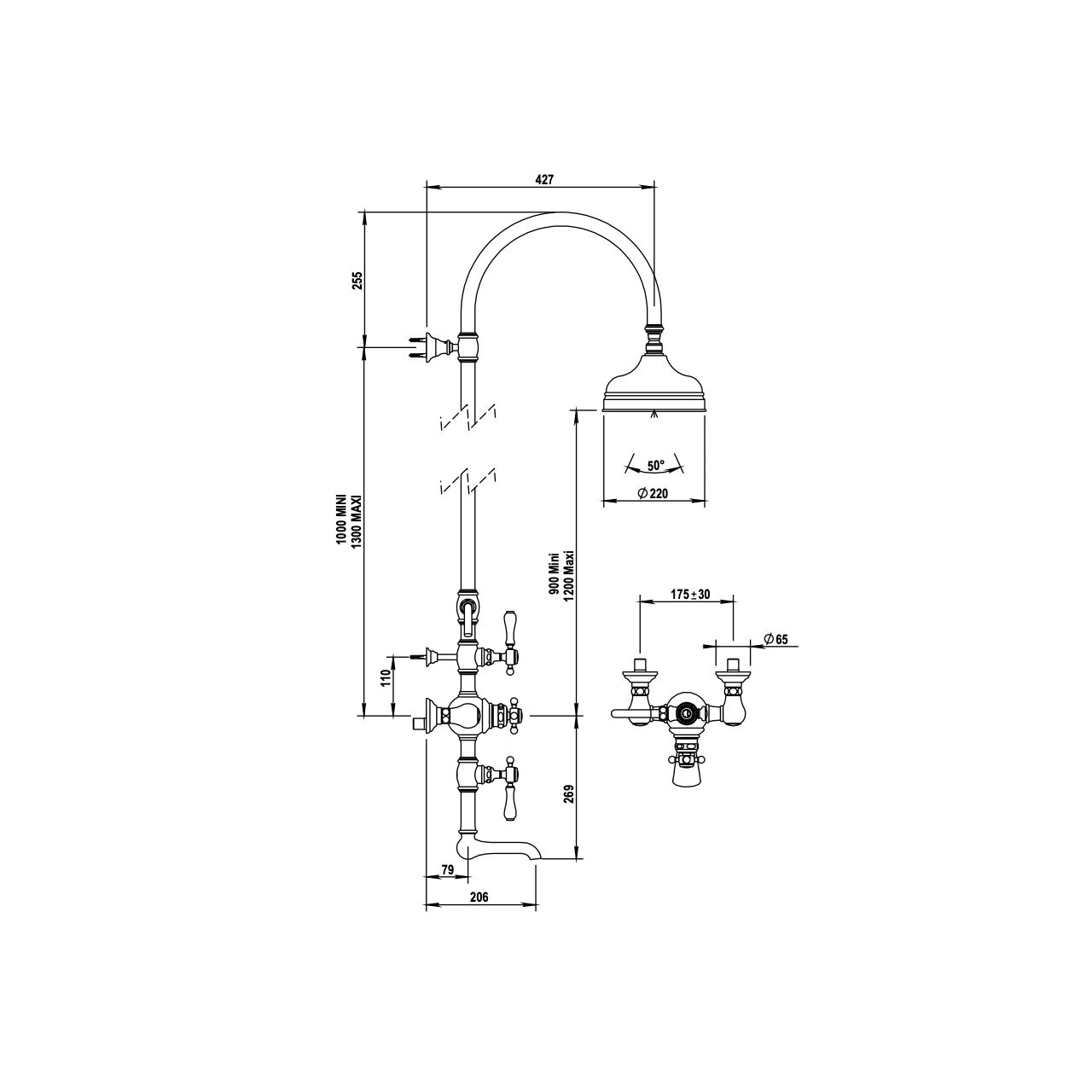  Vòi sen điều chỉnh nhiệt độ, bát sen Ø220mm cổ điển bằng đồng Julia Victoria - 01754 