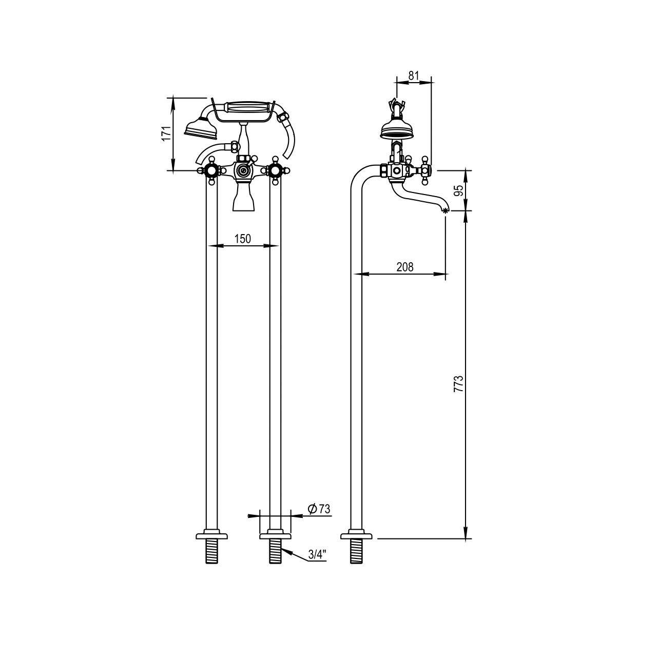  Vòi bồn tắm gắn sàn cổ điển bằng đồng Éloise - 02498 