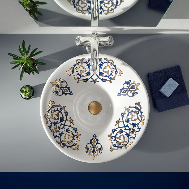  Chậu lavabo bán âm bàn Dalia Fruit Basket Cobalt Blue Gold - 0429BFBC 