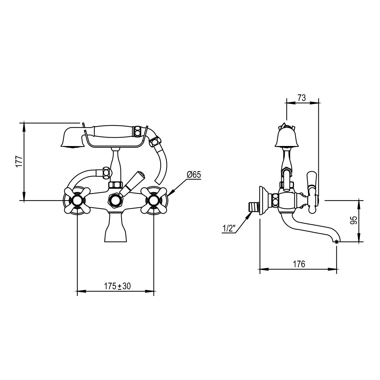  Vòi bồn tắm gắn tường cổ điển bằng đồng Elsa - 04434 