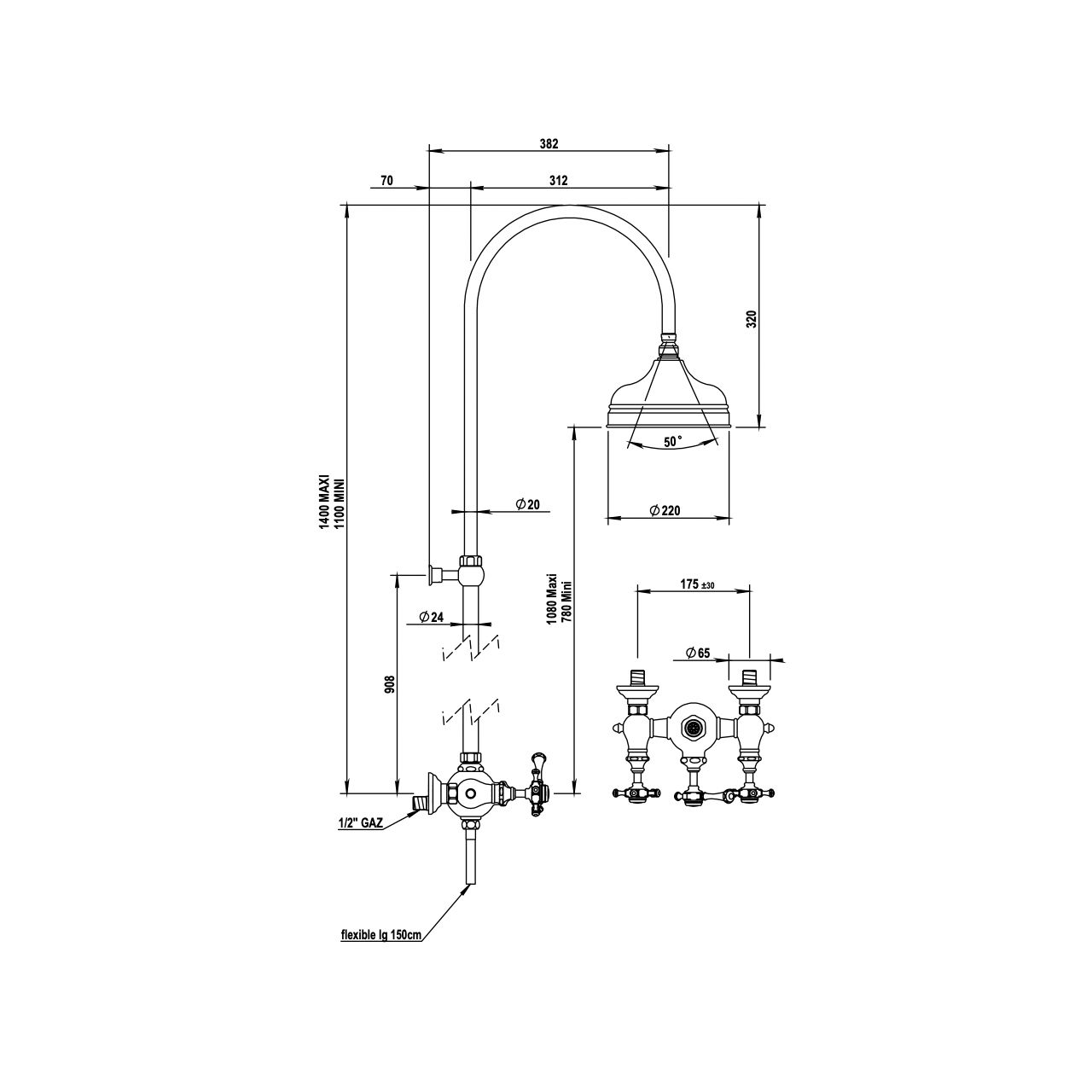  Vòi sen gắn tường bát sen Ø220mm cổ điển bằng đồng Anthea - 06544 