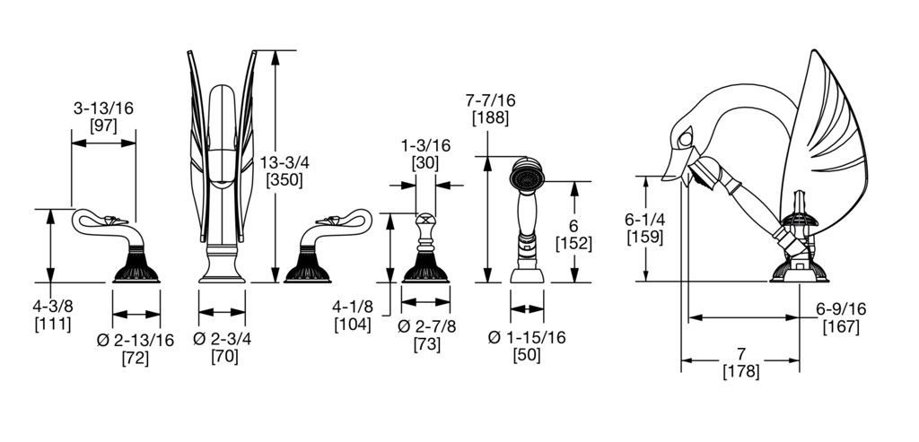  Vòi bồn tắm năm lỗ cổ điển Swan bằng đồng - 0915DTS820 