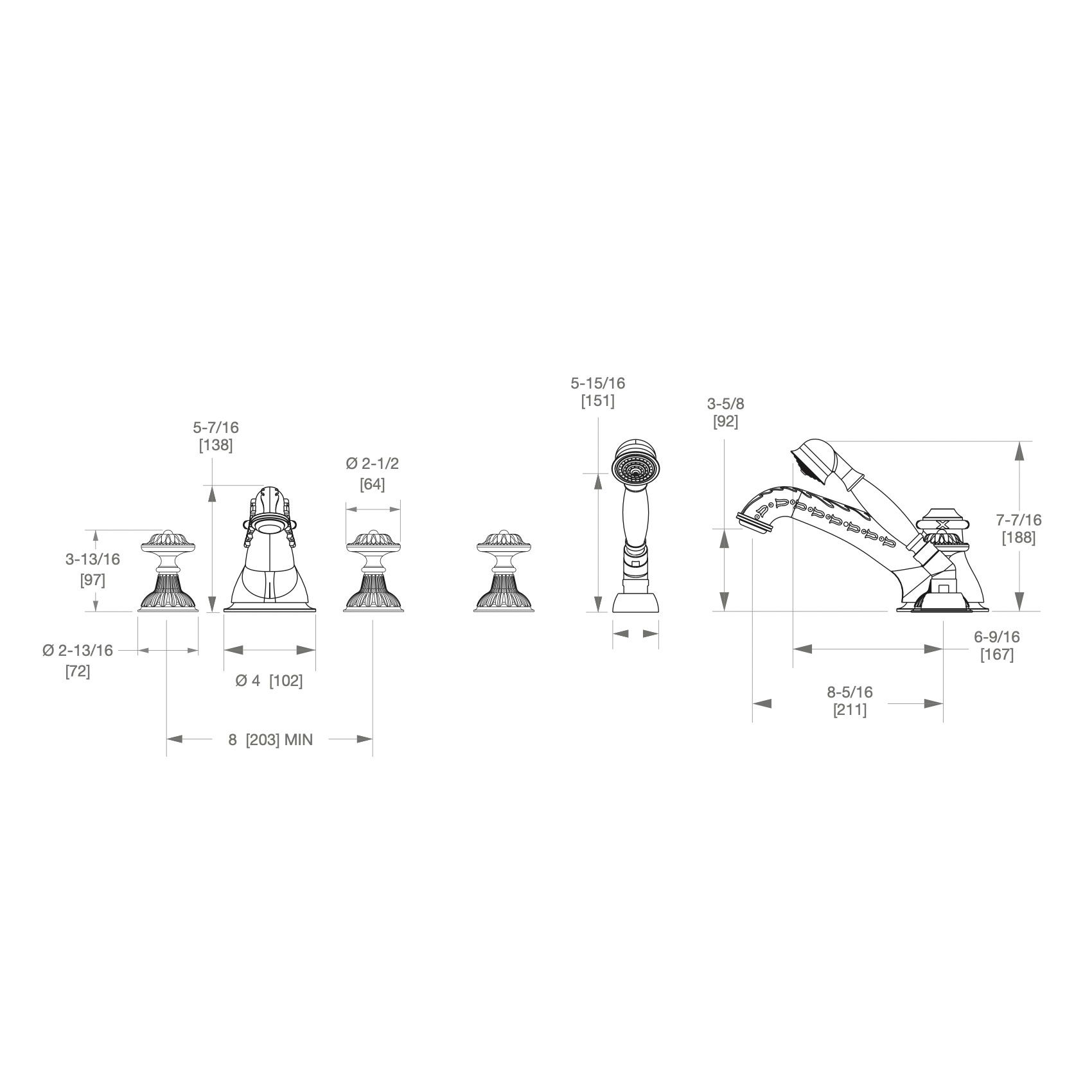  Vòi bồn tắm năm lỗ cổ điển Acanthus Knob bằng đồng - 0918DTS819 