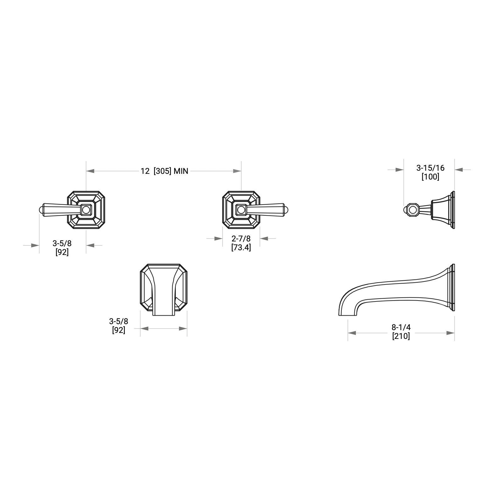  Vòi bồn tắm ba lỗ gắn tường cổ điển Harrison bằng đồng - 0980TUB824S 