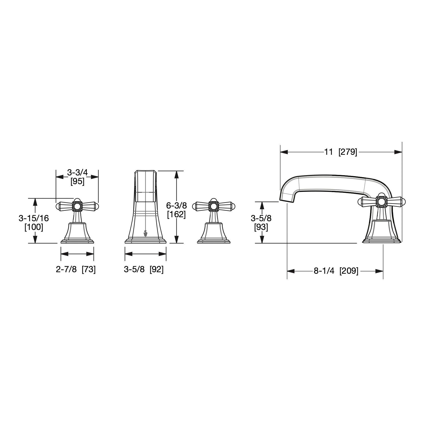 Vòi bồn tắm ba lỗ cổ điển Harrison bằng đồng - 0981DKT824S