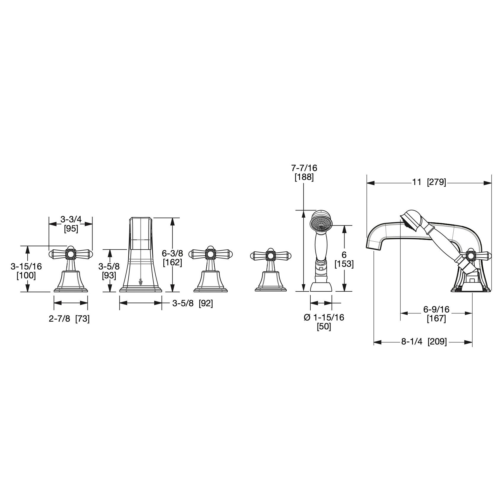  Vòi bồn tắm năm lỗ cổ điển Harrison bằng đồng - 0981DTS824S 