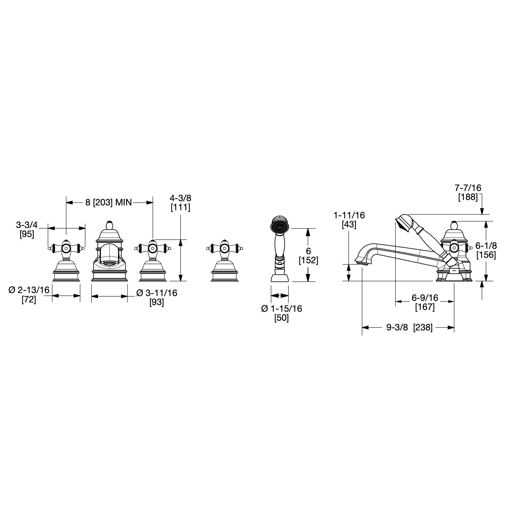  Vòi bồn tắm năm lỗ cổ điển Grey Series II bằng đồng - 0993DTS825 