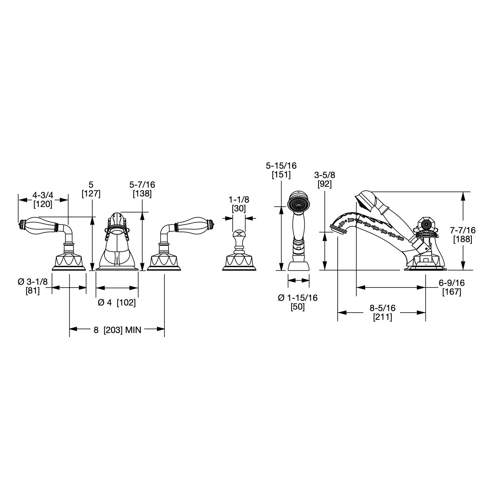  Vòi bồn tắm năm lỗ cổ điển Rock Crystal bằng đồng - 1029DTS819-RKCR 