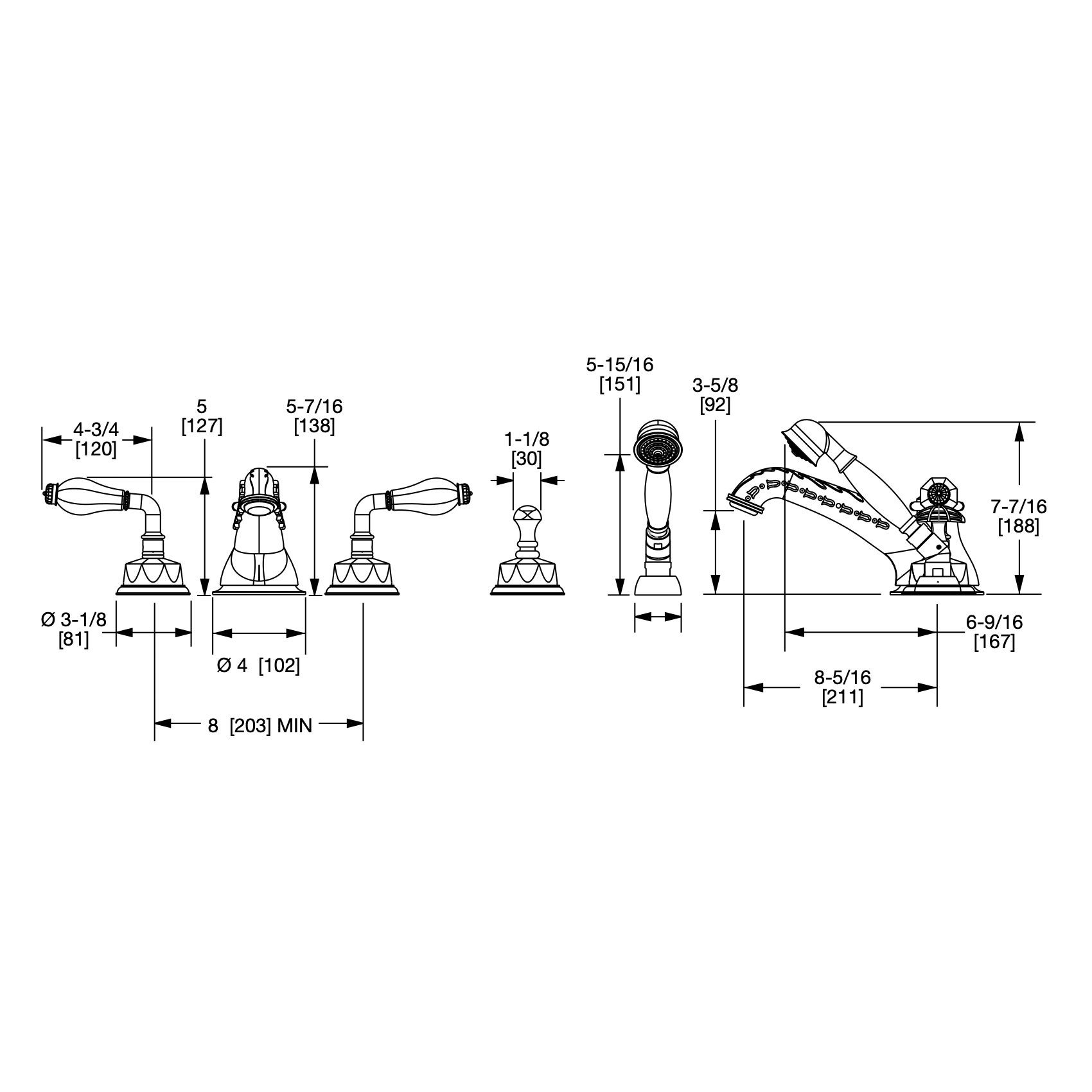  Vòi bồn tắm năm lỗ cổ điển Rock Crystal bằng đồng - 1030DTS819-RKCR 