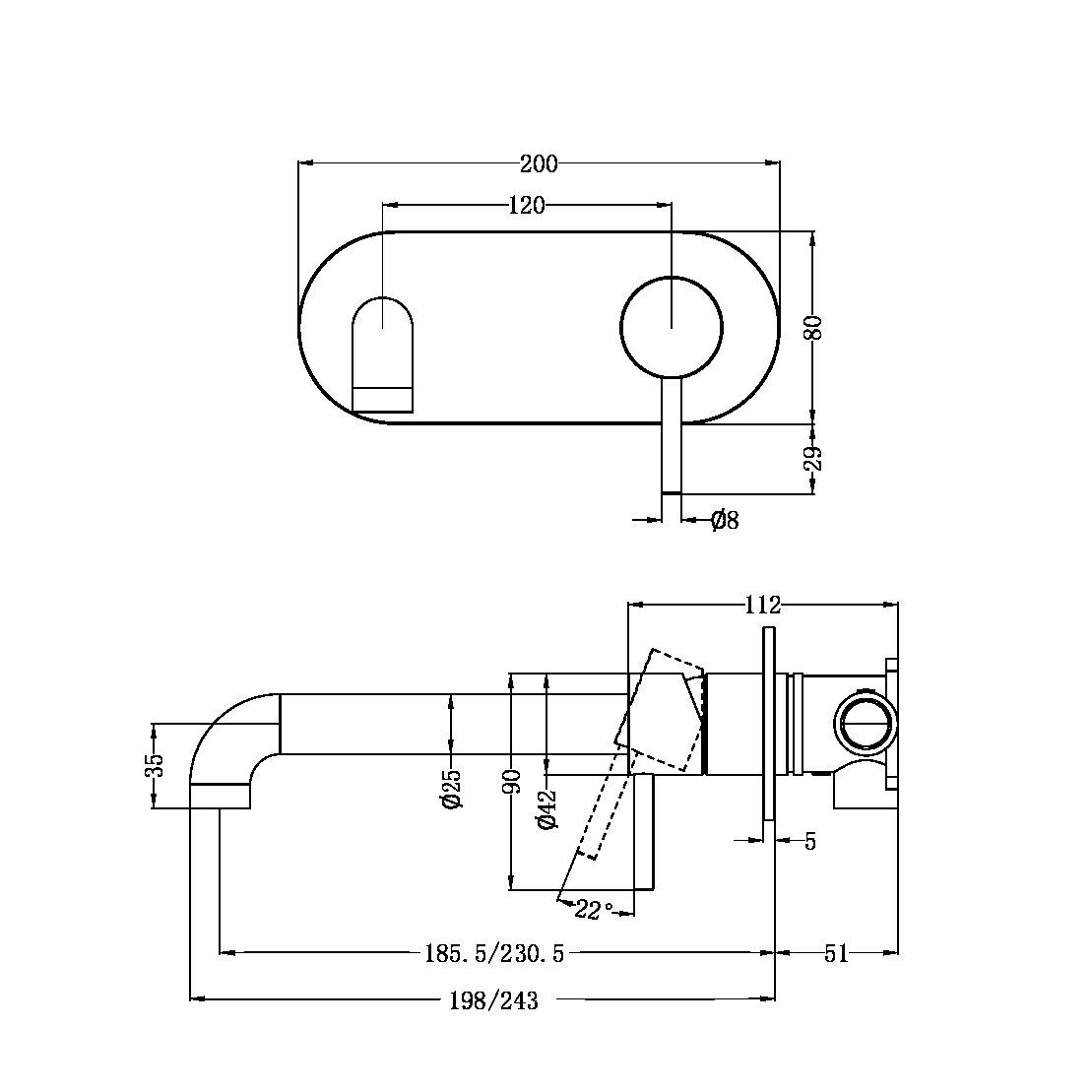 Vòi chậu lavabo gắn tường SS316L Zenne - RN162210a185